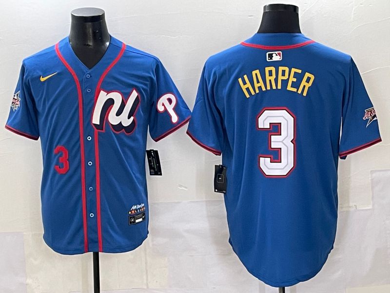 Men 2025 Philadelphia Phillies 3 Harper Blue All star Nike MLB Jersey style 03